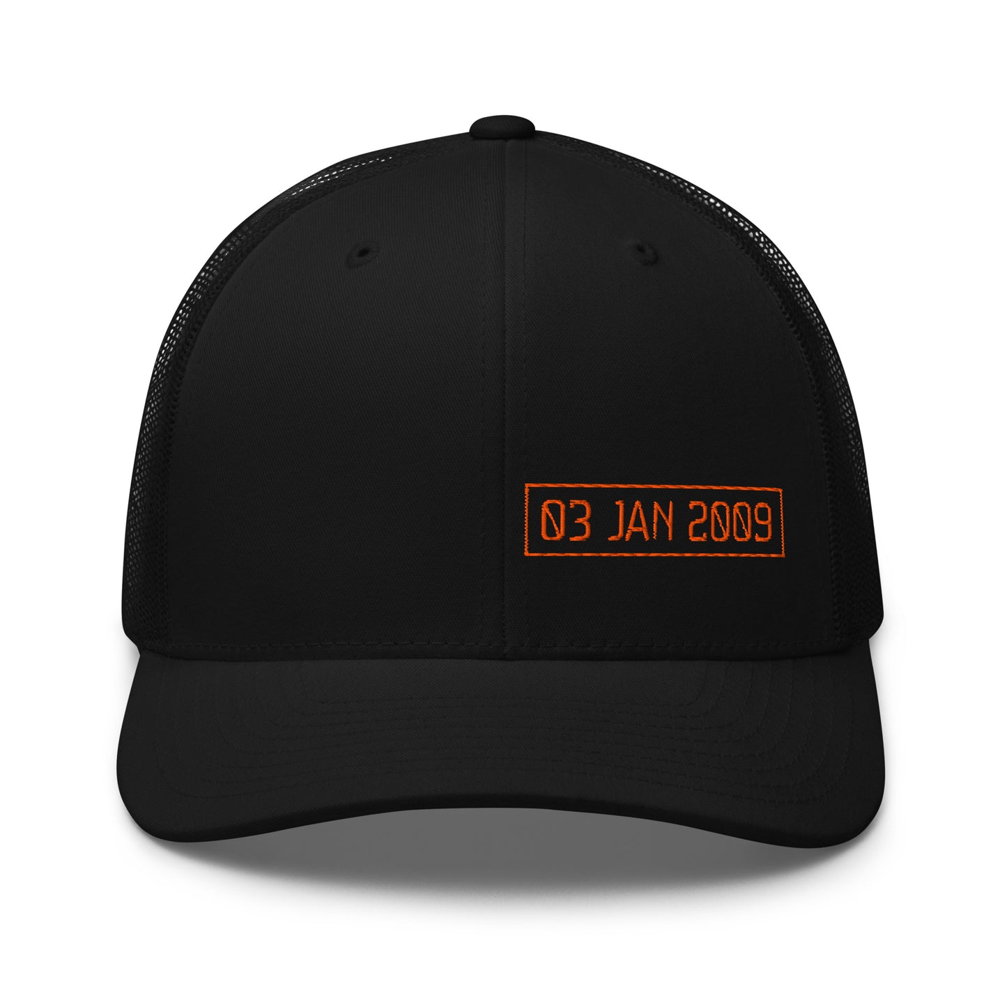 Black cap with orange text '03 JAN 2009' on a white background