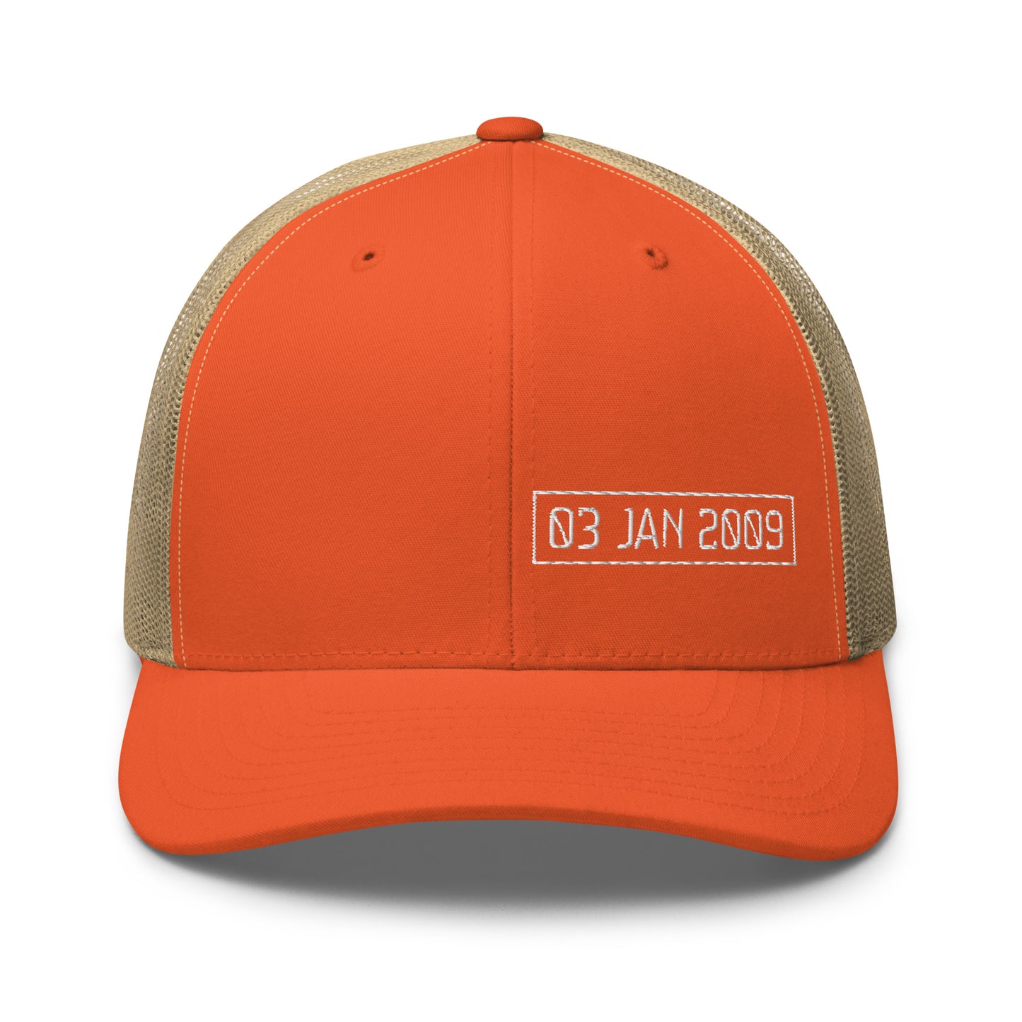 Orange and beige cap with '03 JAN 2009' text on a white background