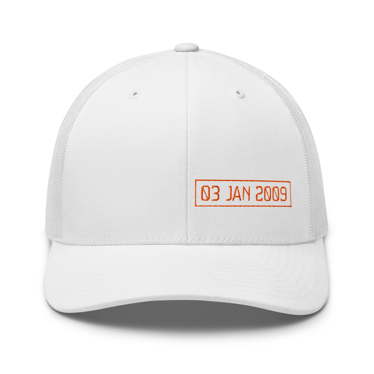 White cap with orange 03 jan 2009 text on a white background