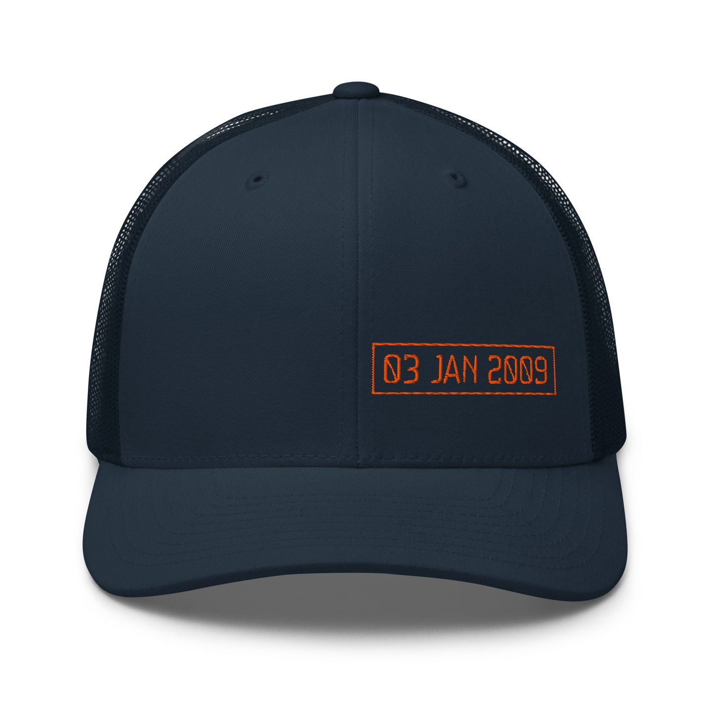 Navy blue cap with orange 03 jan 2009 text on a white background
