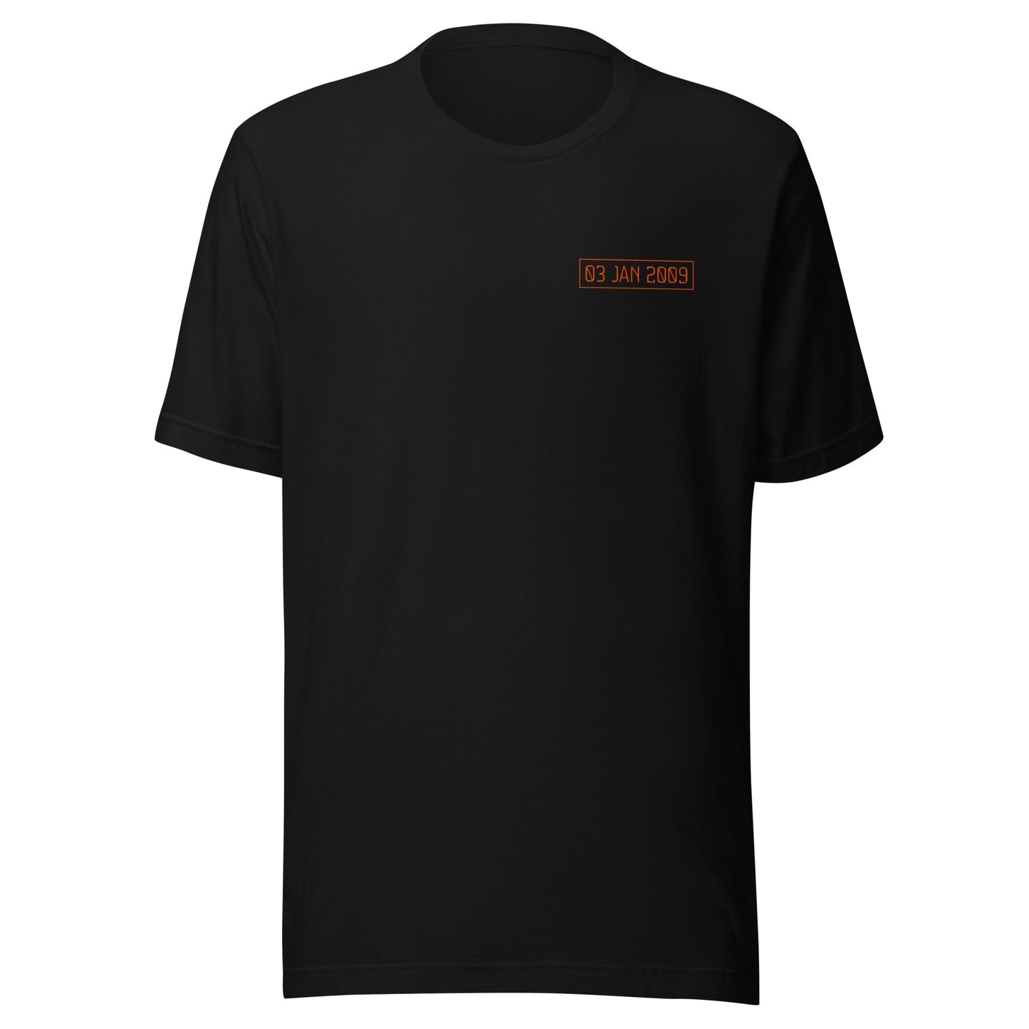 Black t-shirt with a small orange 03 jan. 2009 logo on a white background