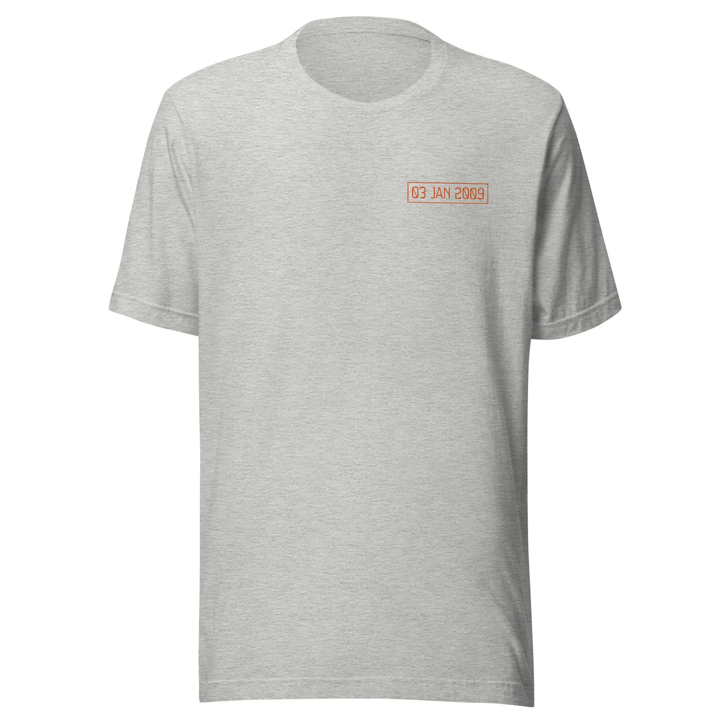 Gray t-shirt with a small orange 03 jan 2009 logo on a white background