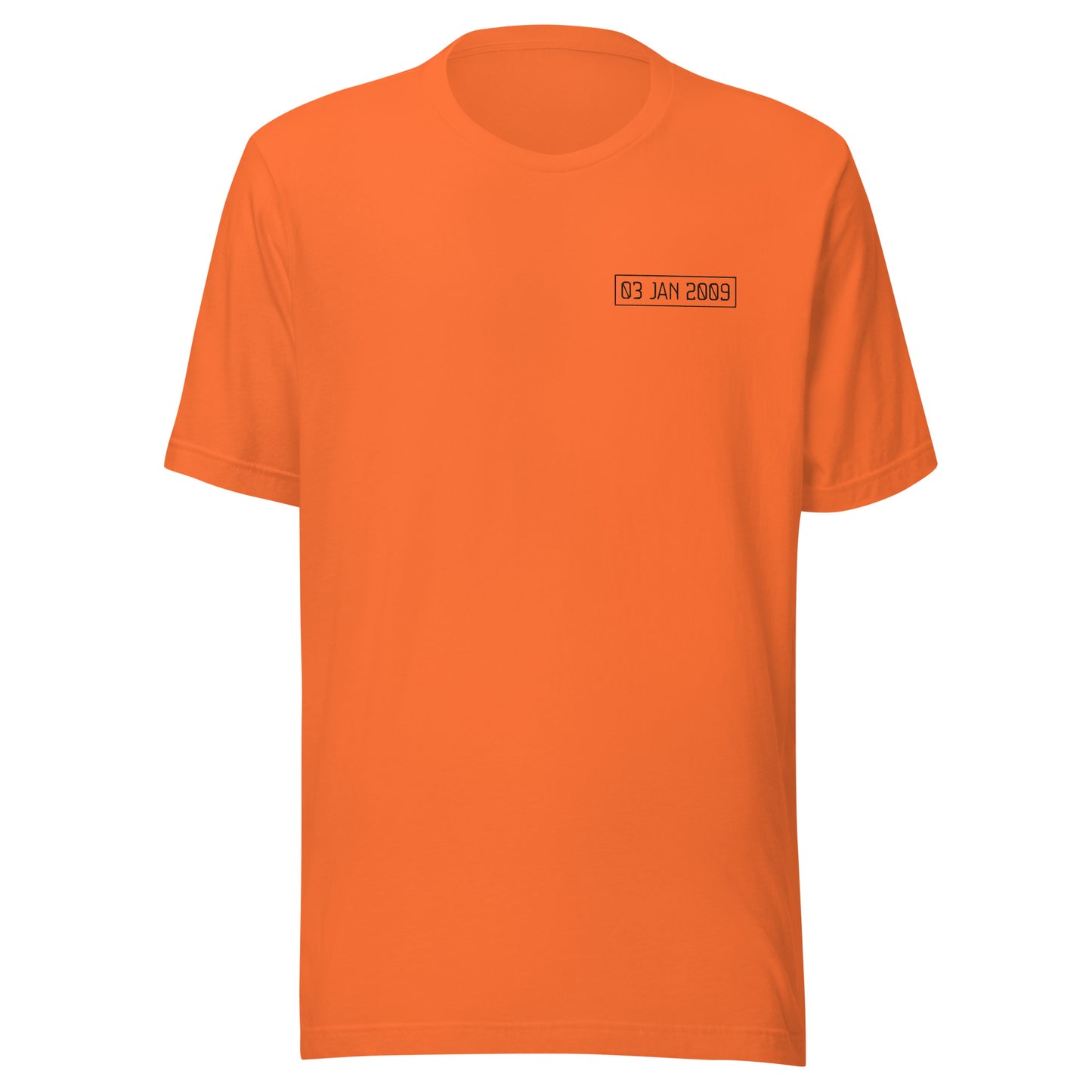 Orange t-shirt with a small black 03 jan 2009 logo on a white background