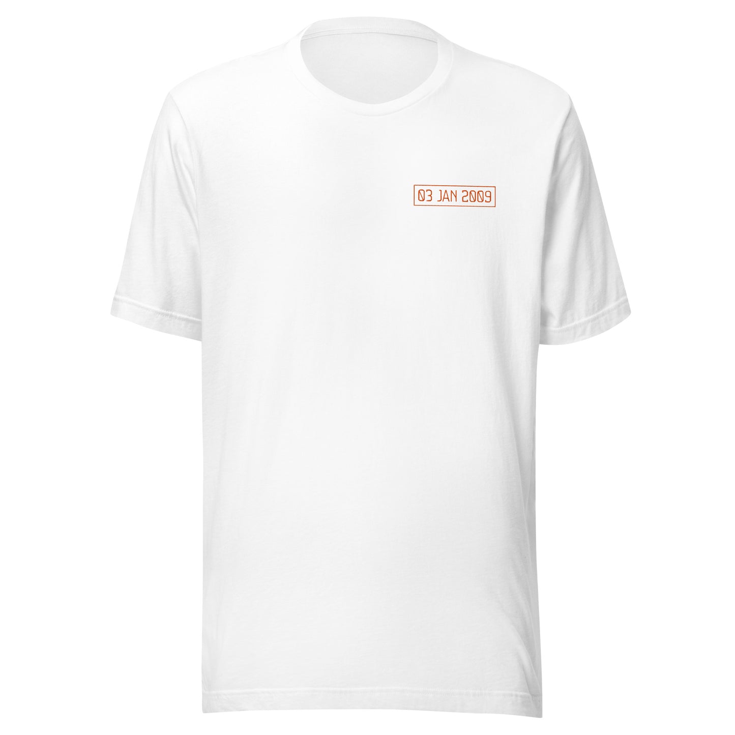 White t-shirt with a small orange 03 jan 2009 text print on a white background