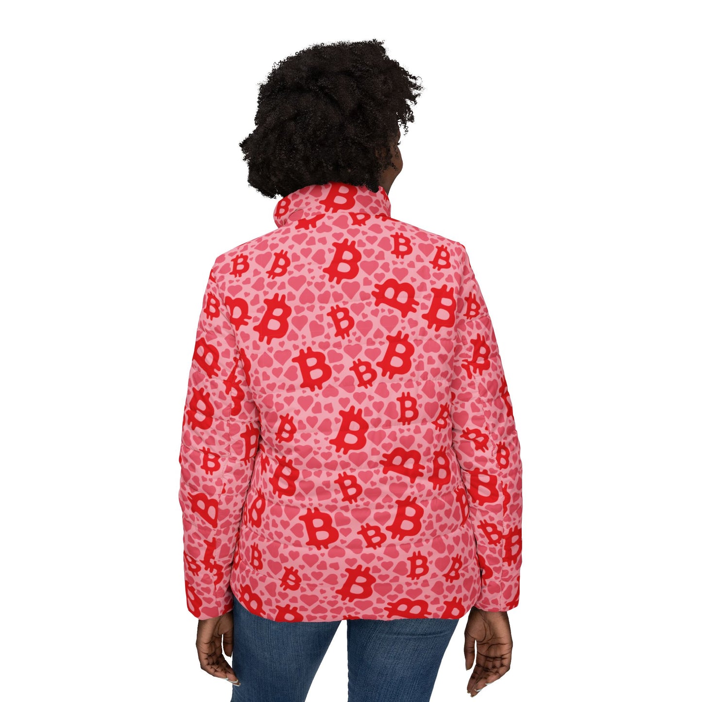 Itty Bitty Bitcoin and Hearts Women’s Puffer Jacket