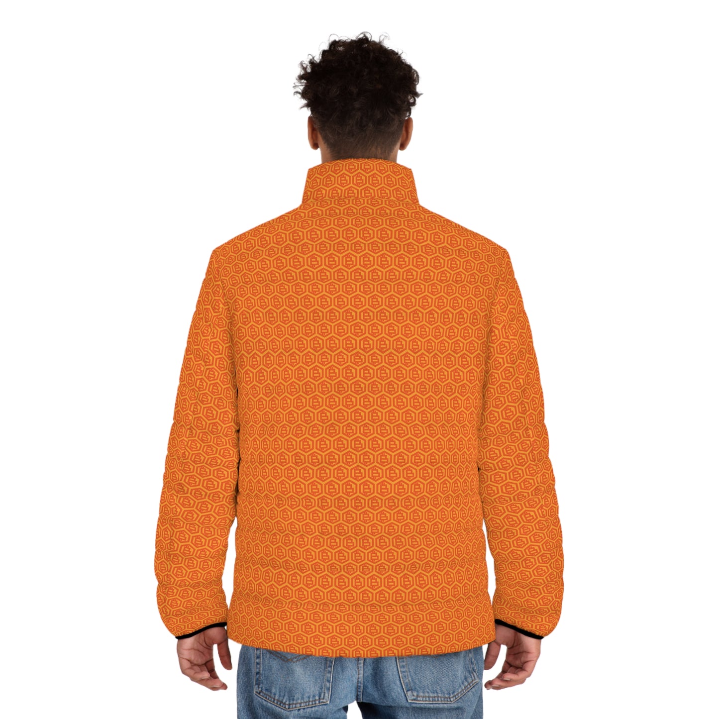Orange Bitcoin Hex Men's Puffer Jacket