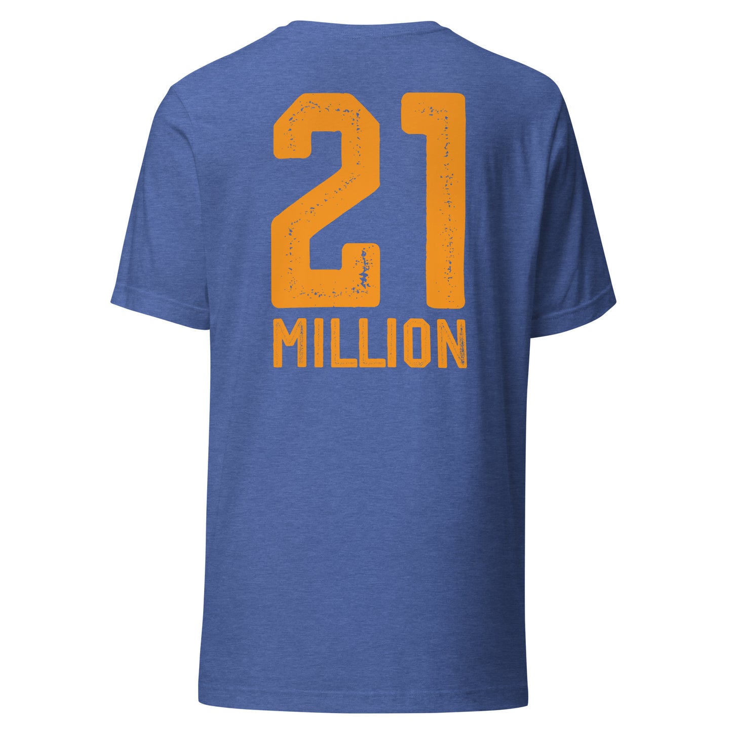 Blue t-shirt with '21 Million' printed in orange on a white background
