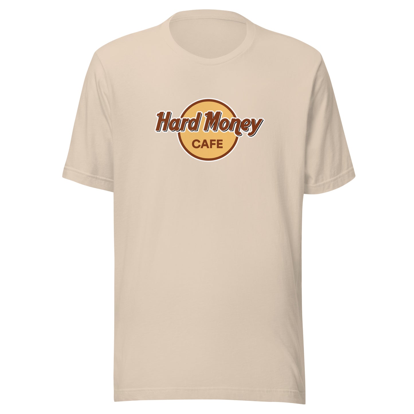 Beige t-shirt with 'Hard Money Cafe' logo on a white background