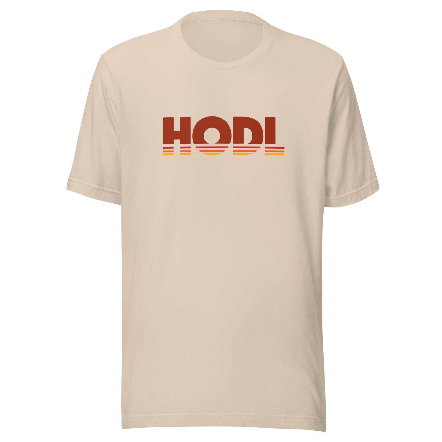Beige t-shirt with 'HODL' text on a white background