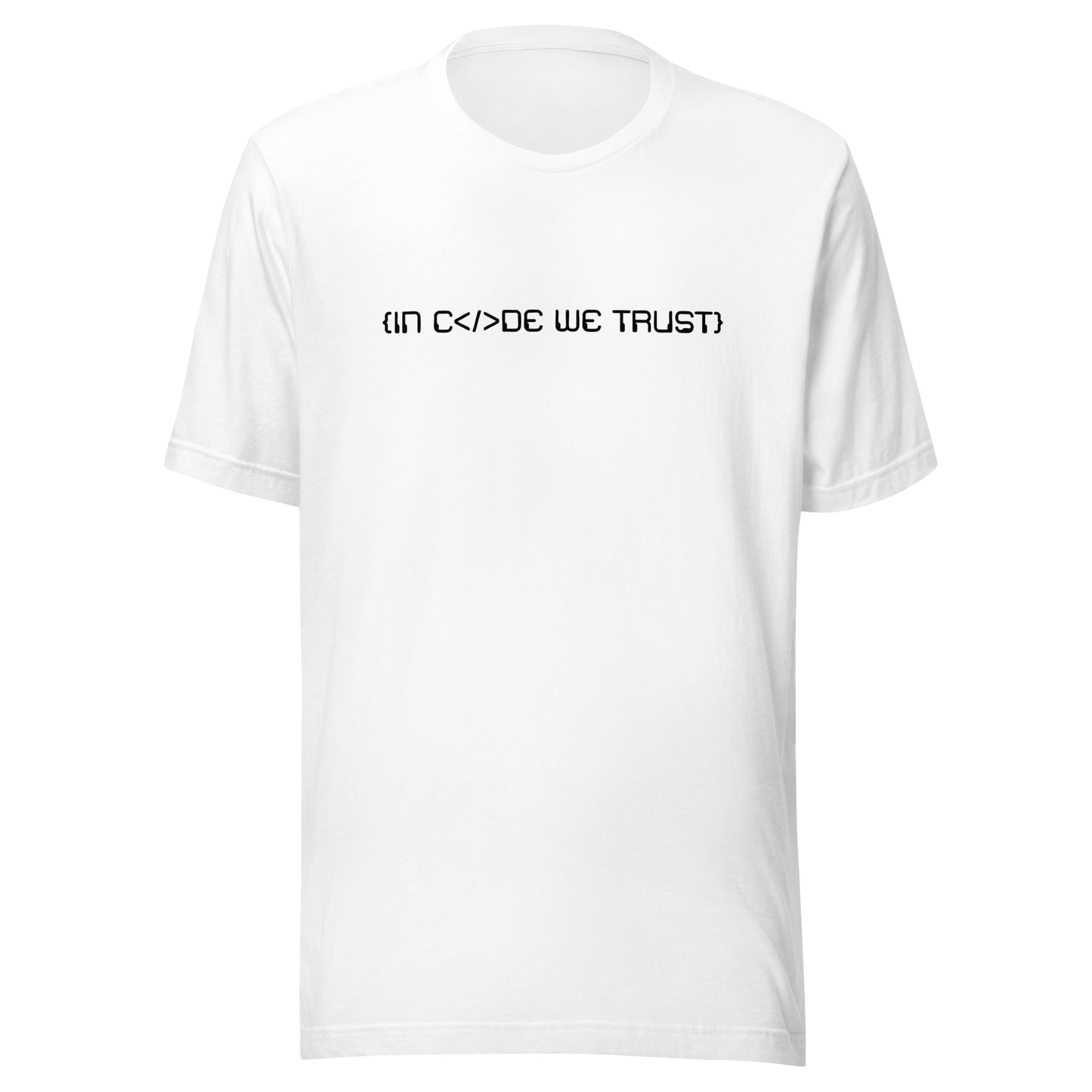 White t-shirt with black in code we trust text on a white background