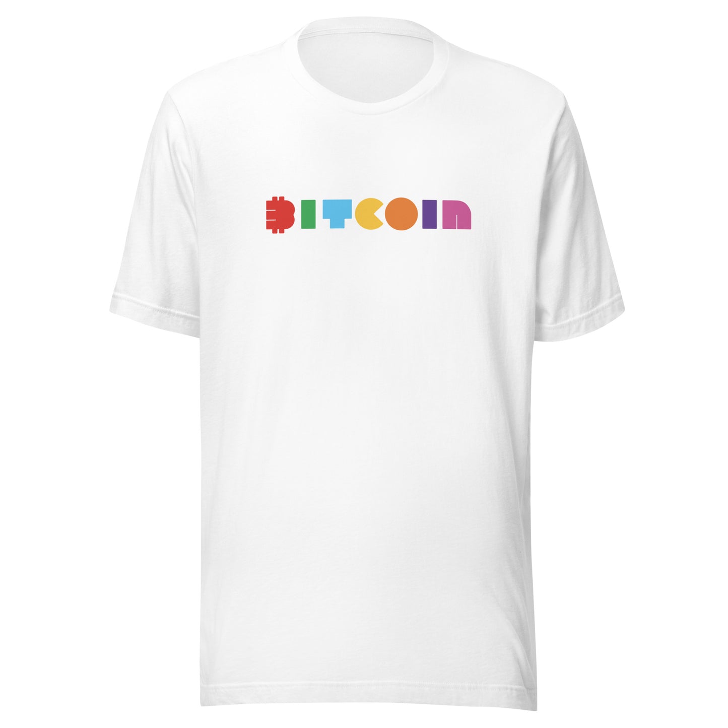 White t-shirt with colorful 'BITCOIN' text on a white background