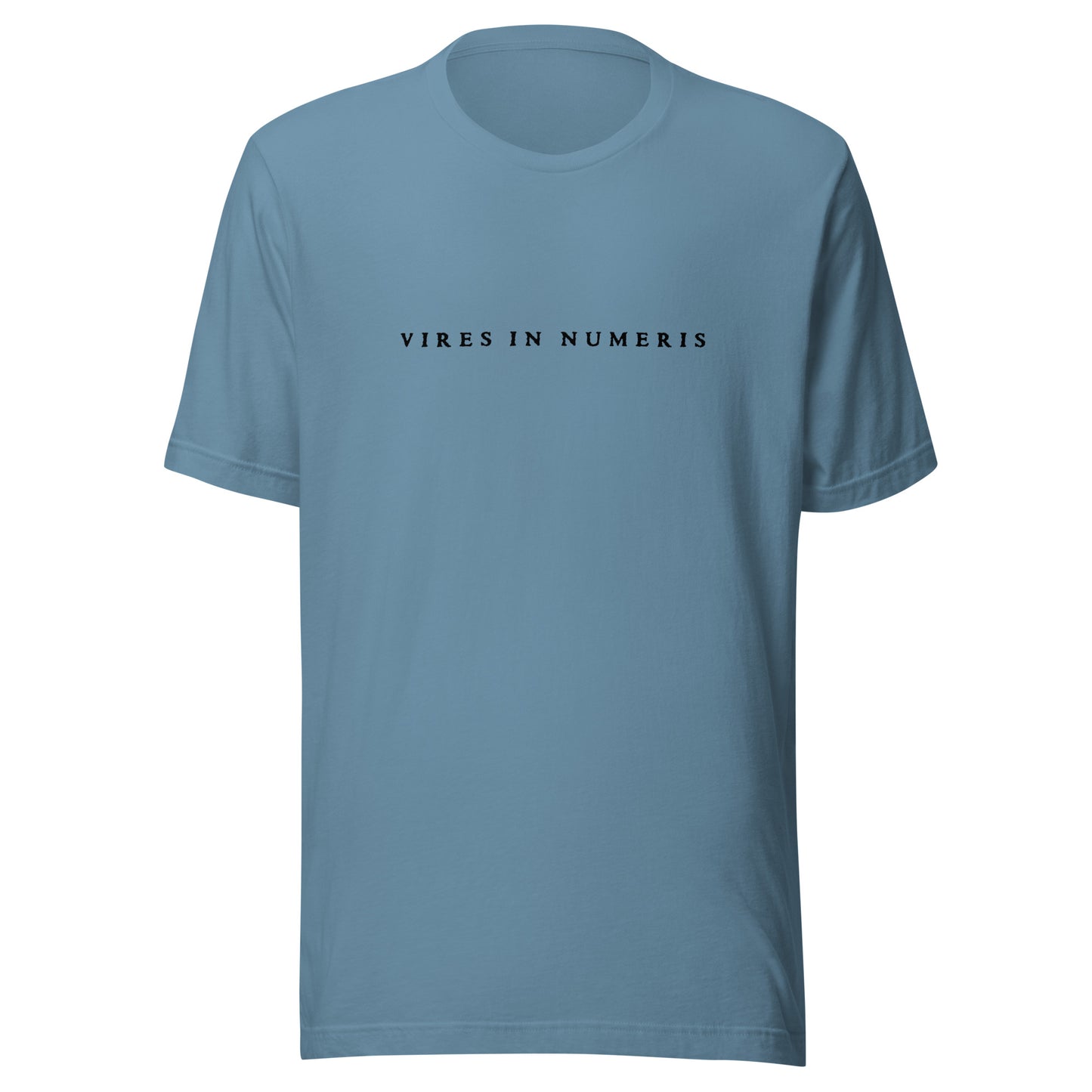 Blue t-shirt with 'VIRES IN NUMERIS' text on a white background