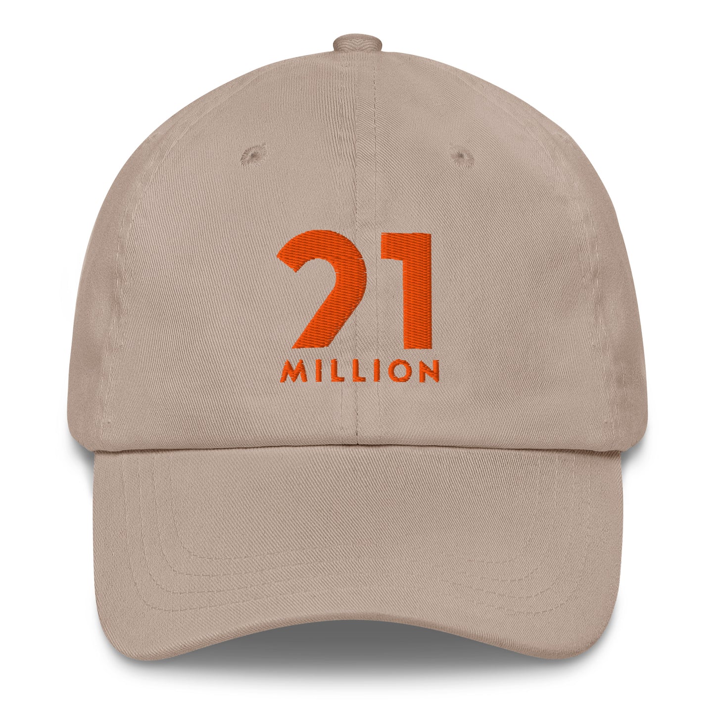 Beige cap with orange '21 Million' text on a white background