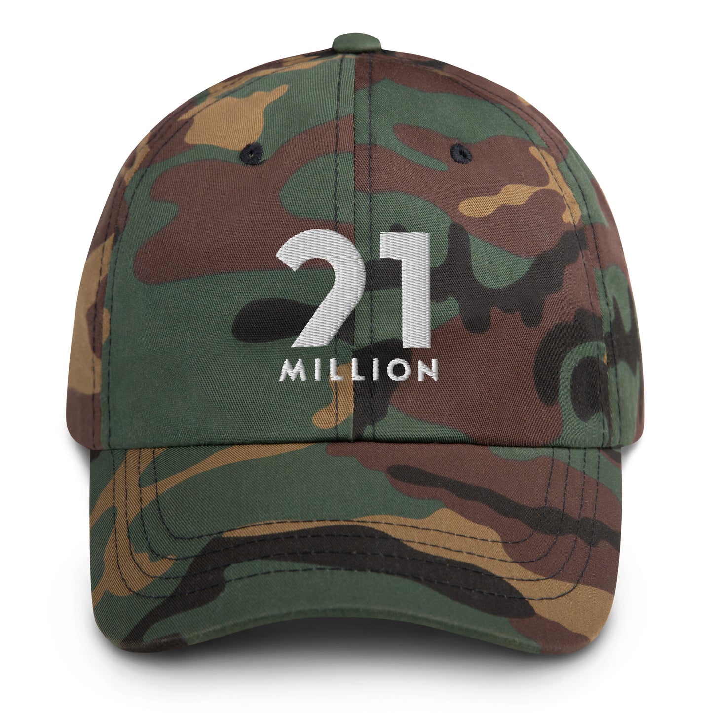 Camouflage cap with '21 Million' logo on a white background