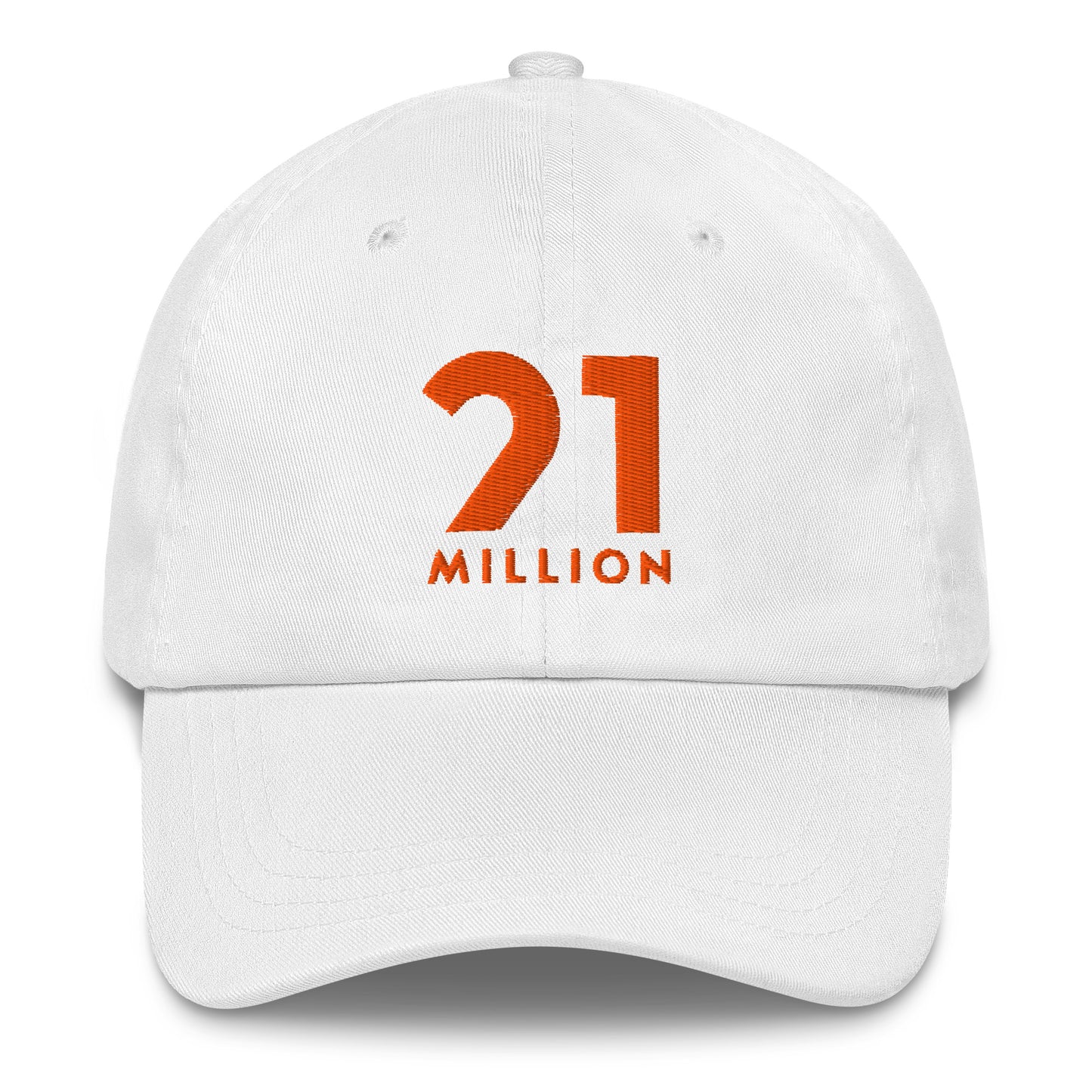 White cap with '21 Million' in orange text on a white background