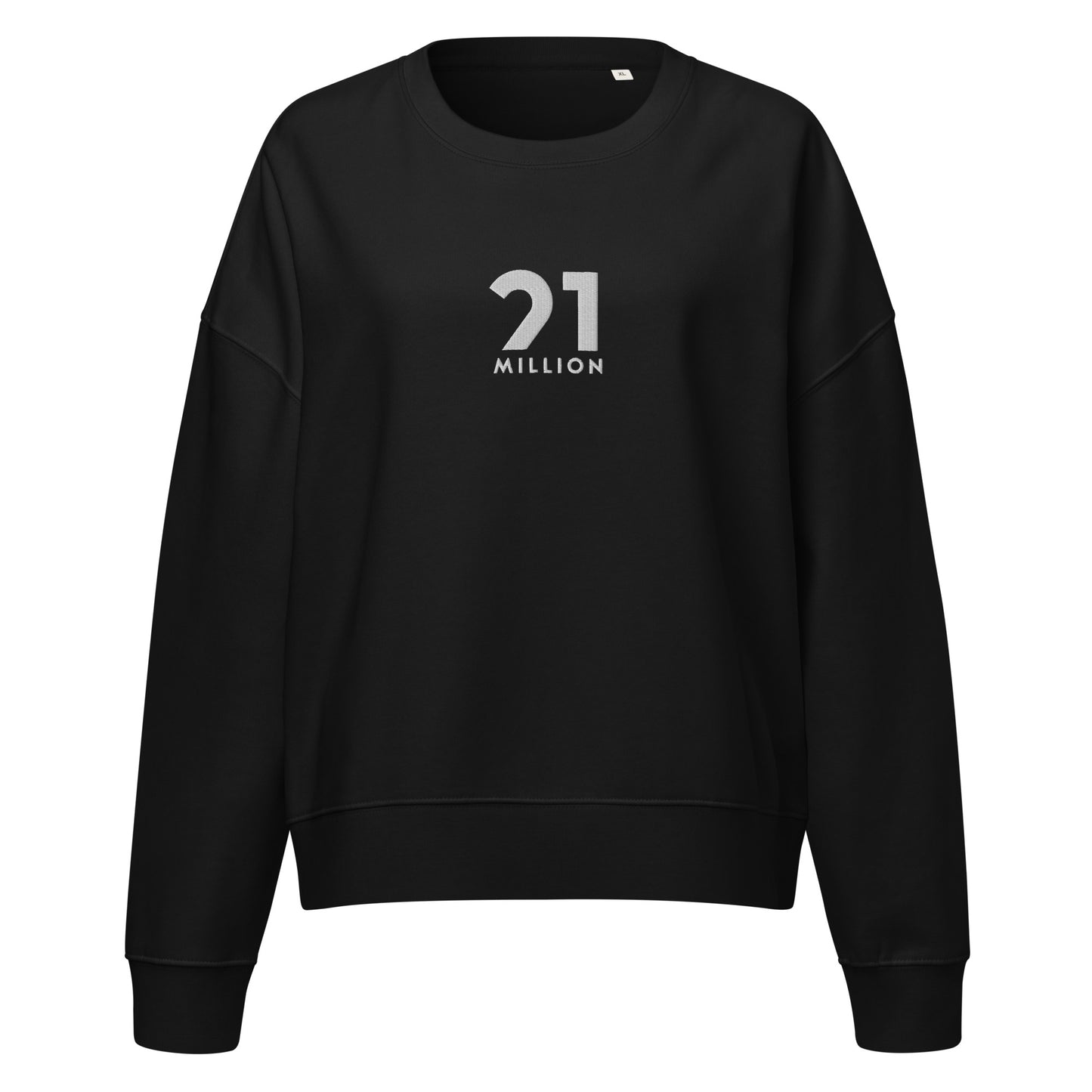 Black sweatshirt with '21 MILLION' logo on a white background