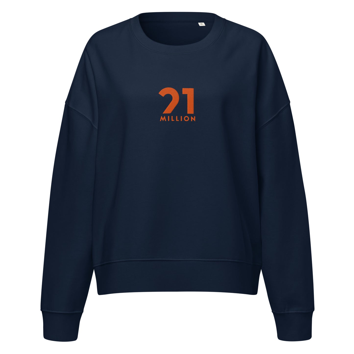 Navy blue sweatshirt with orange 21 million logo on a white background