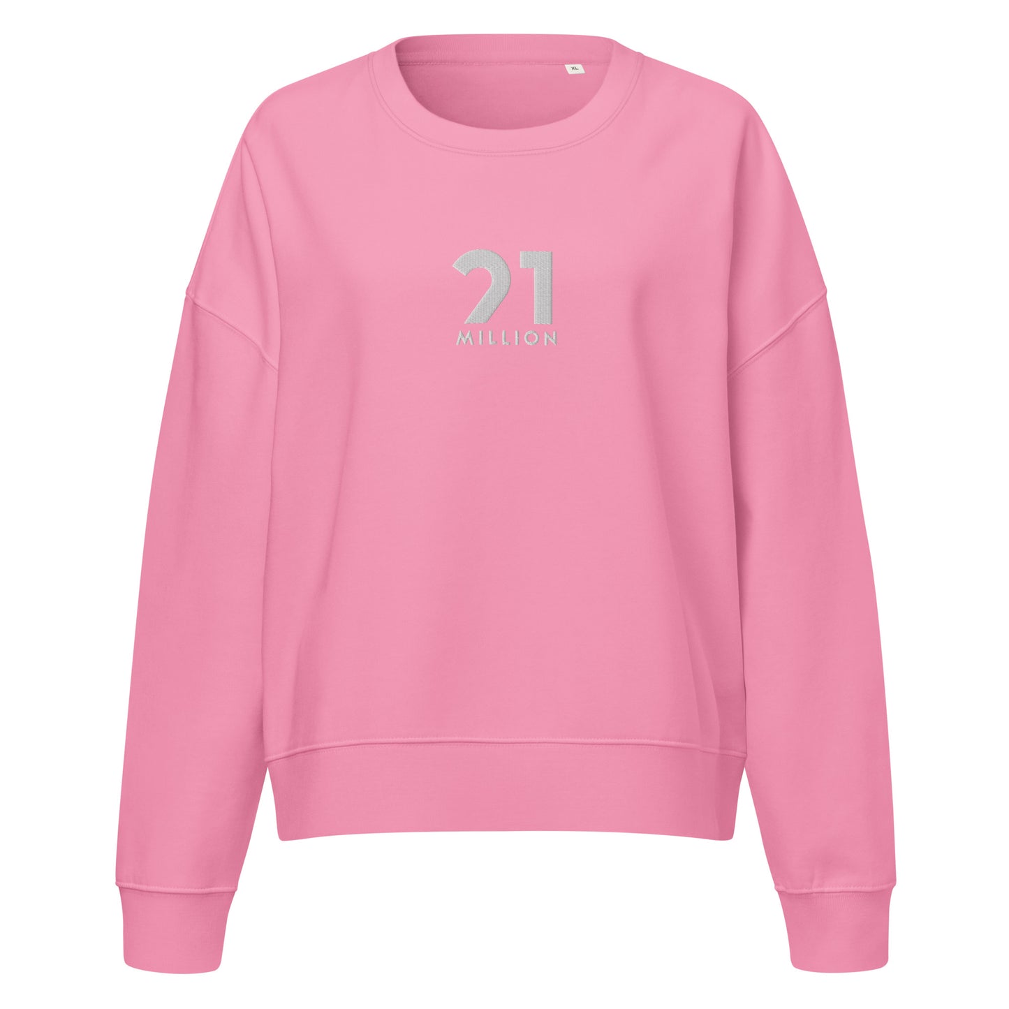 Pink sweatshirt with a 21 million logo on a white background