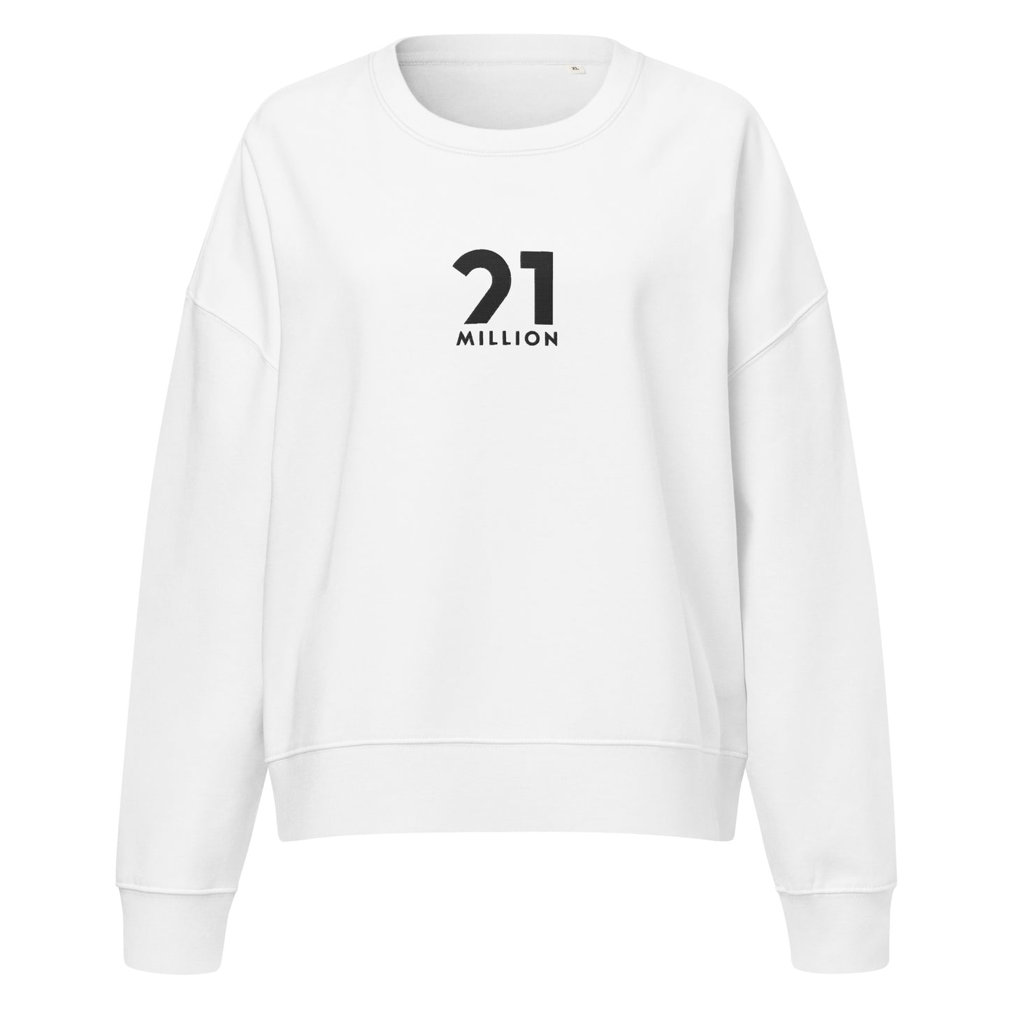 White sweatshirt with '21 MILLION' logo on a white background
