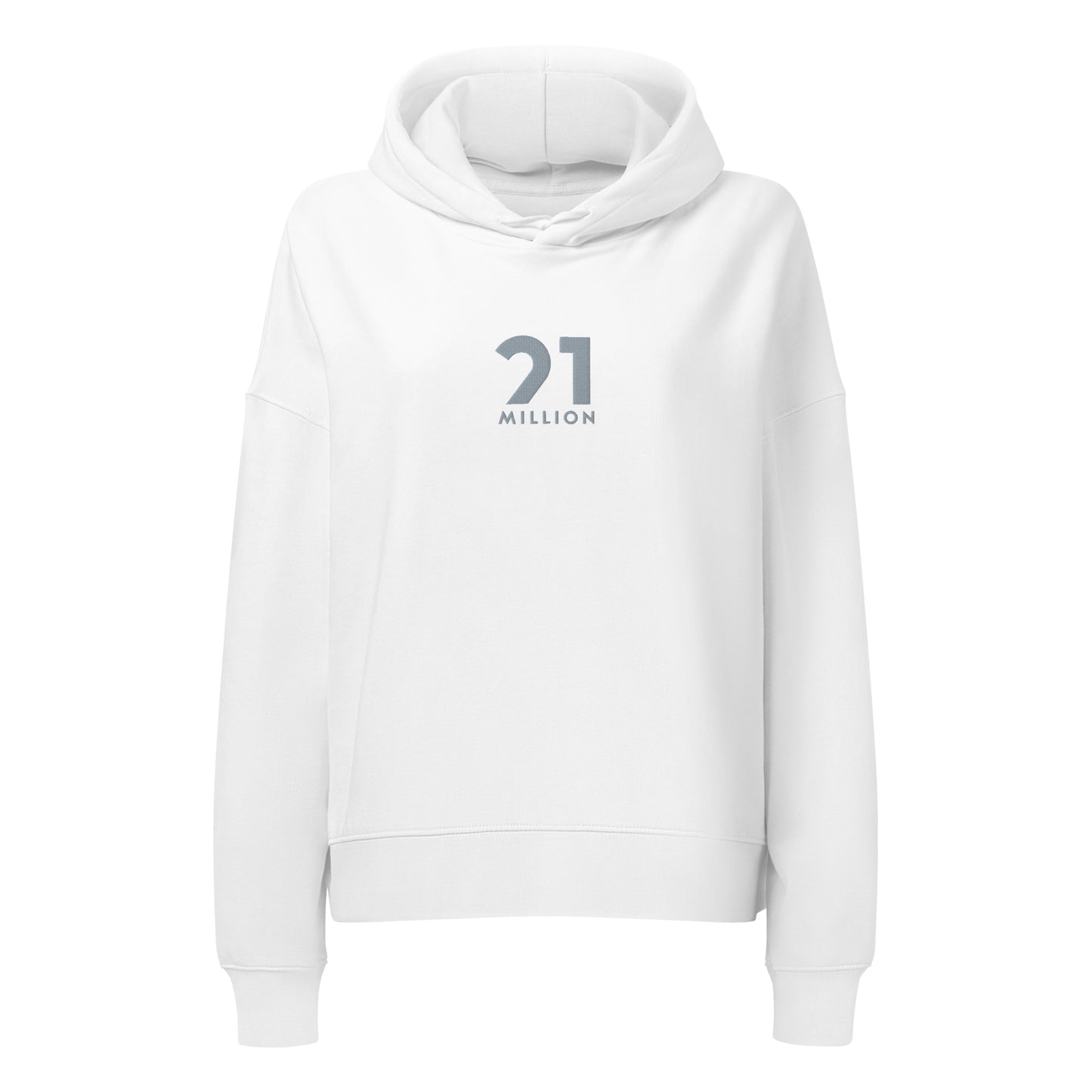 White hoodie with a 21 million logo on a white background