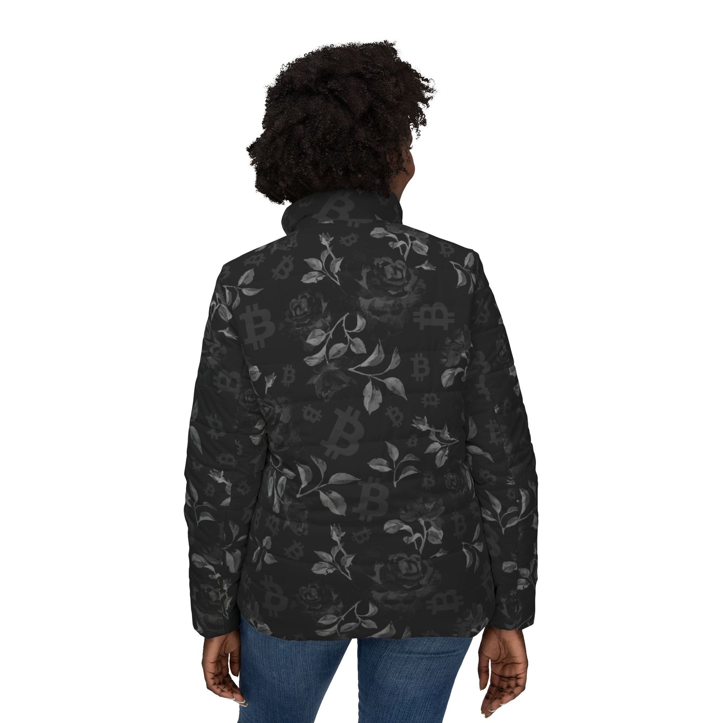 Black Stack Roses Bitcoin Women’s Puffer Jacket