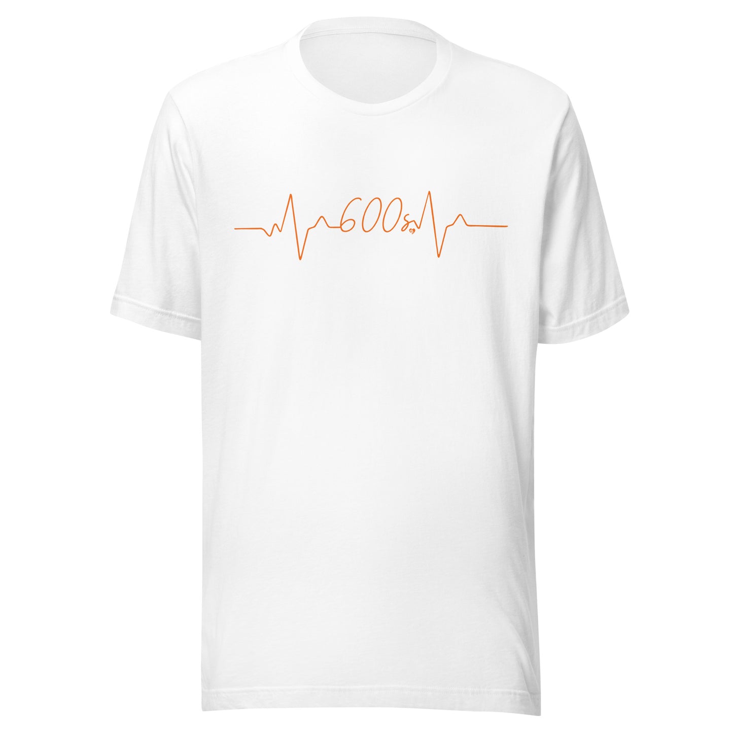 White t-shirt with orange heartbeat 600 seconds design on a white background