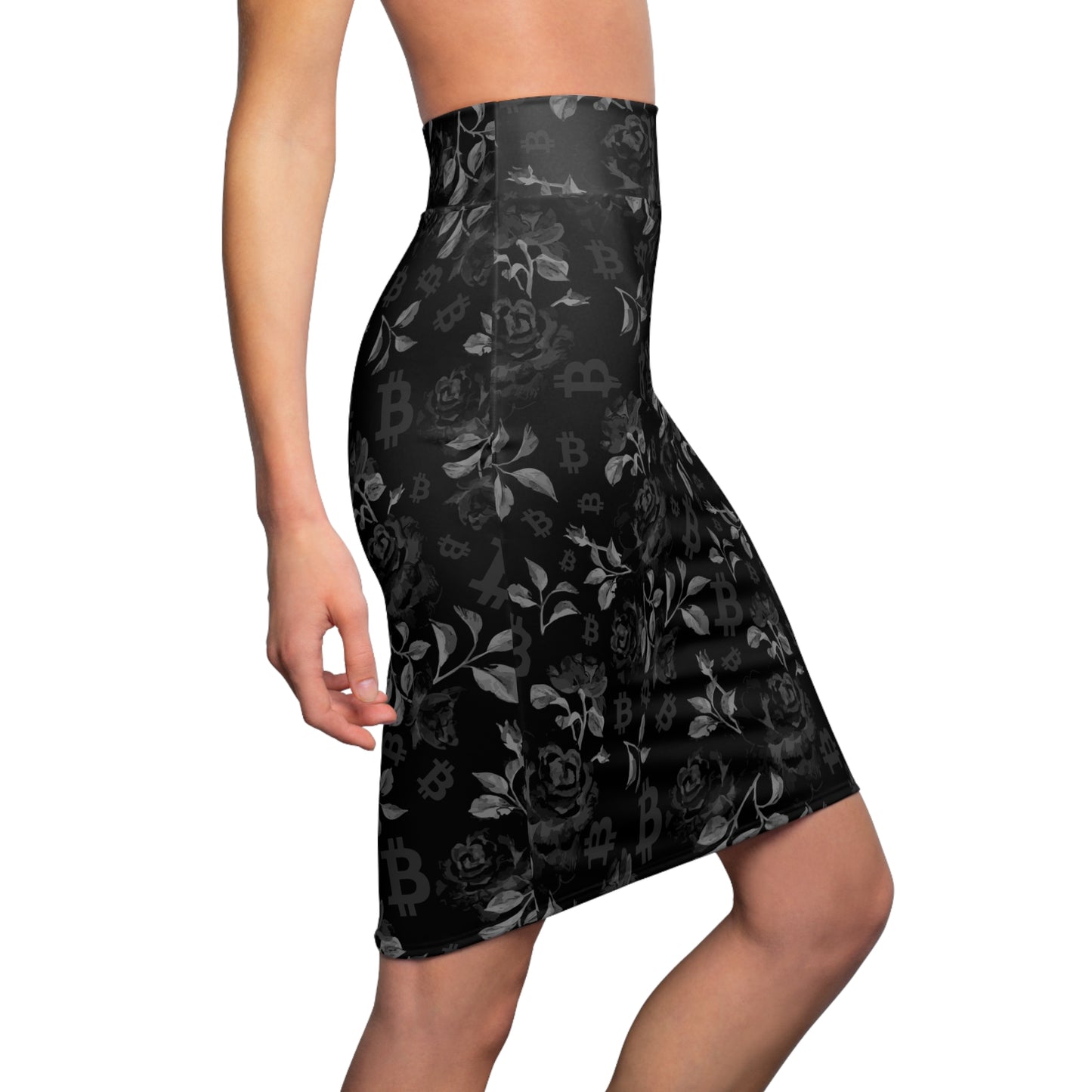 Black Stack Roses Bitcoin Pencil Skirt