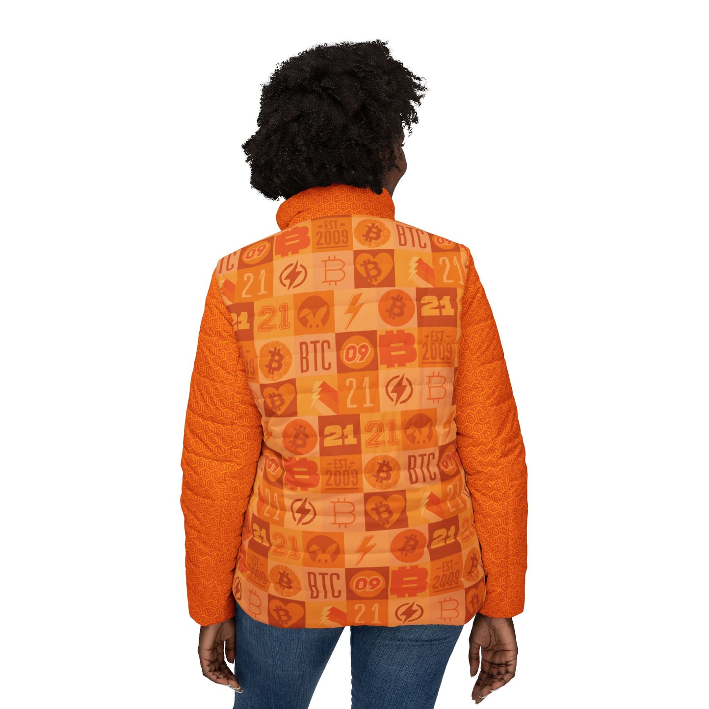 Orange Patchwork Hex Women's Puffer Jacket