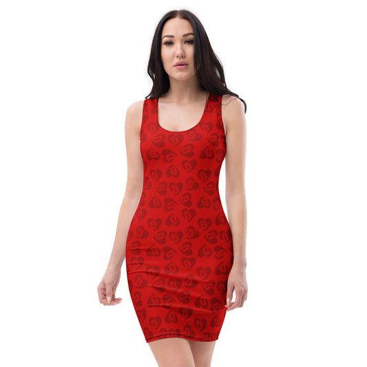 Woman wearing a red dress with black bitcoin heart pattern on a white background