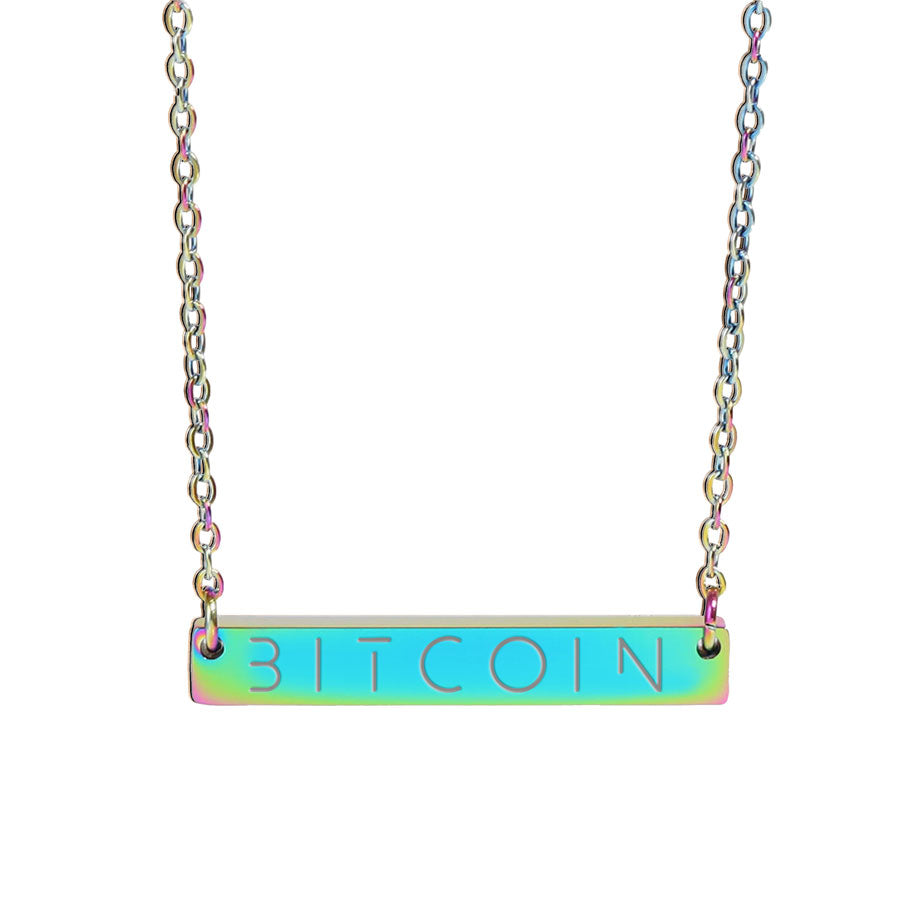 Necklace with a 'BITCOIN' bar pendant on a white background