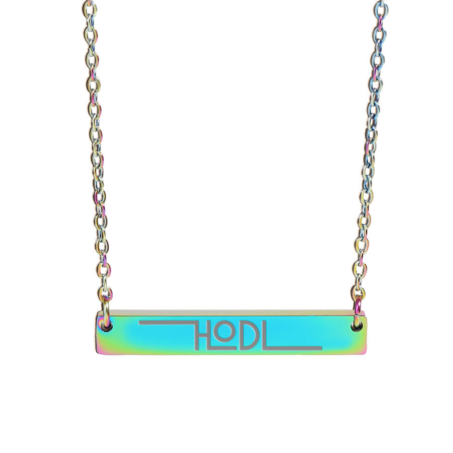 Necklace with a colorful bar pendant featuring 'HODL' on a white background