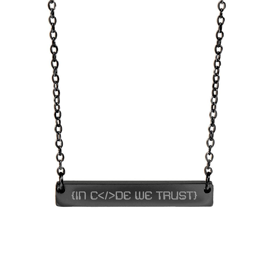 Black necklace with a bar pendant engraved with 'IN Code WE TRUST' on a white background
