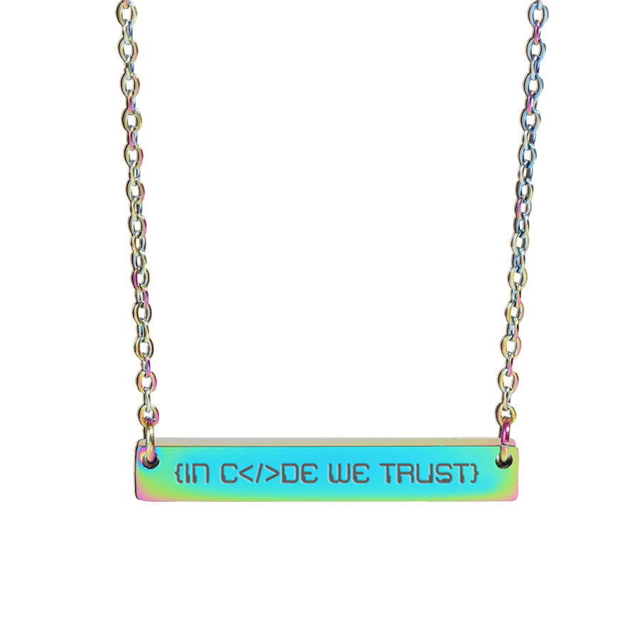 Necklace with a bar pendant displaying 'IN CODE WE TRUST' on a white background