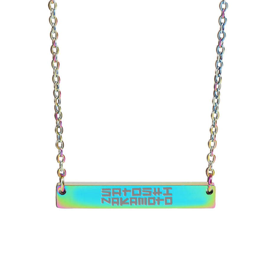 Necklace with a bar pendant featuring 'Satoshi Nakamoto' on a white background