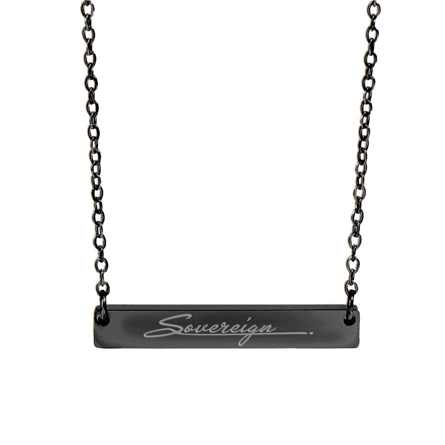Black bar necklace with 'Sovereign' engraving on a white background