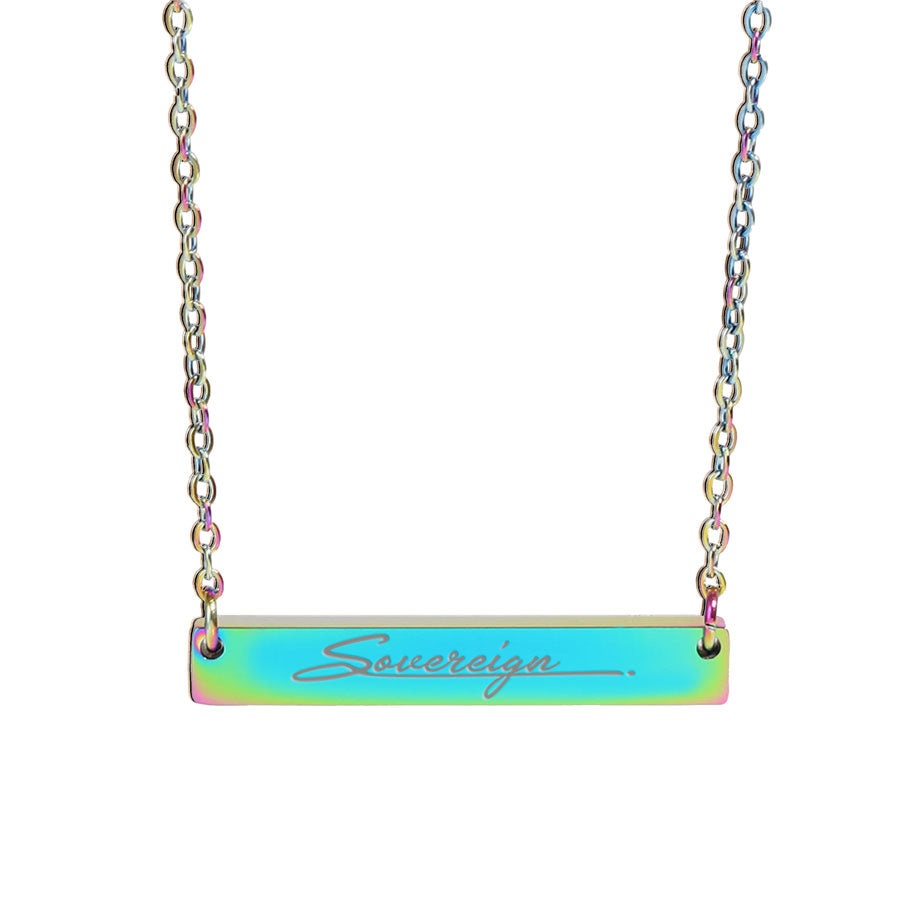 Necklace with a colorful bar pendant and 'Sovereign' engraving on a white background