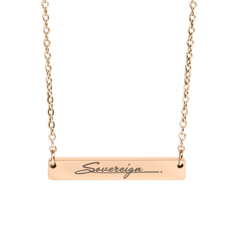 Rose gold necklace with 'Sovereign' engraving on a white background