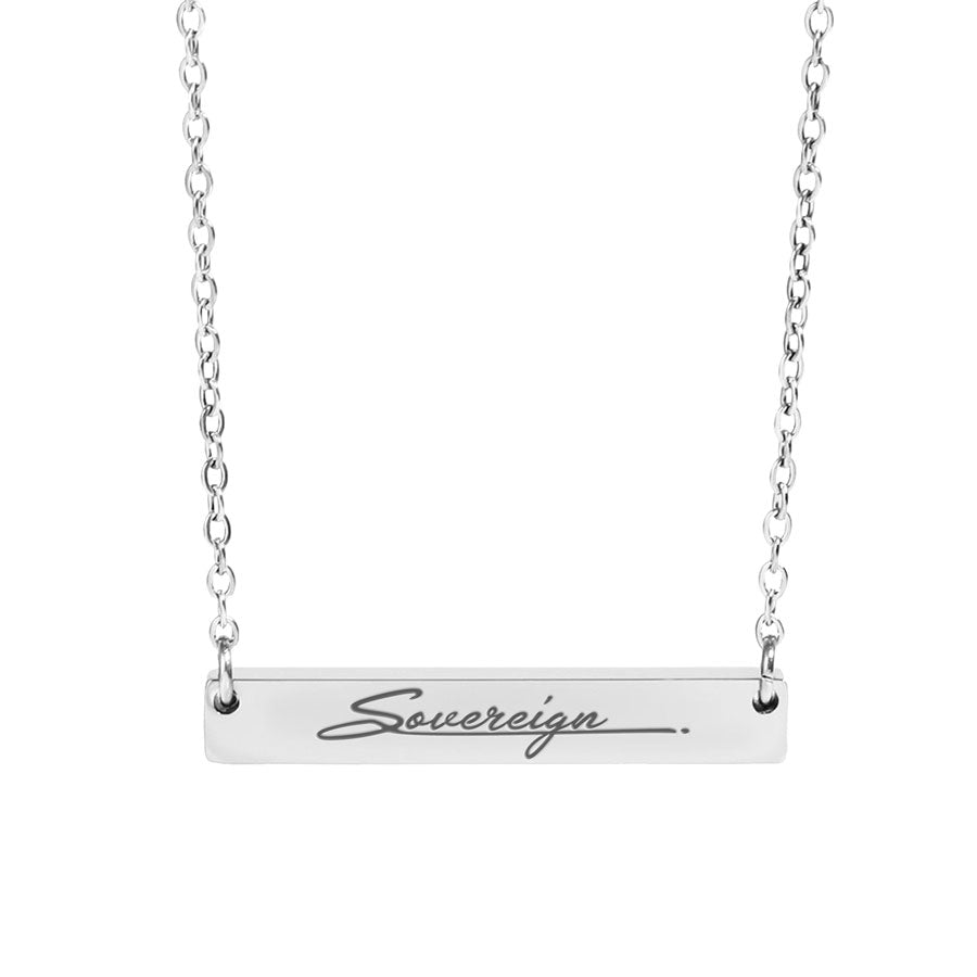 Silver necklace with a bar pendant engraved with 'Sovereign' on a white background