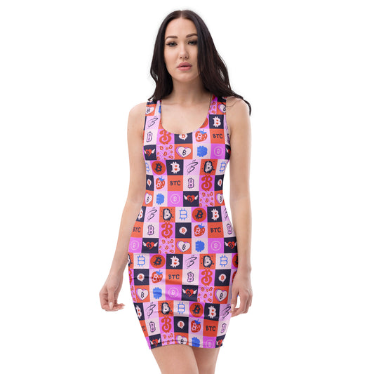 Woman wearing a colorful dress with Bitcoin pattern on a white background