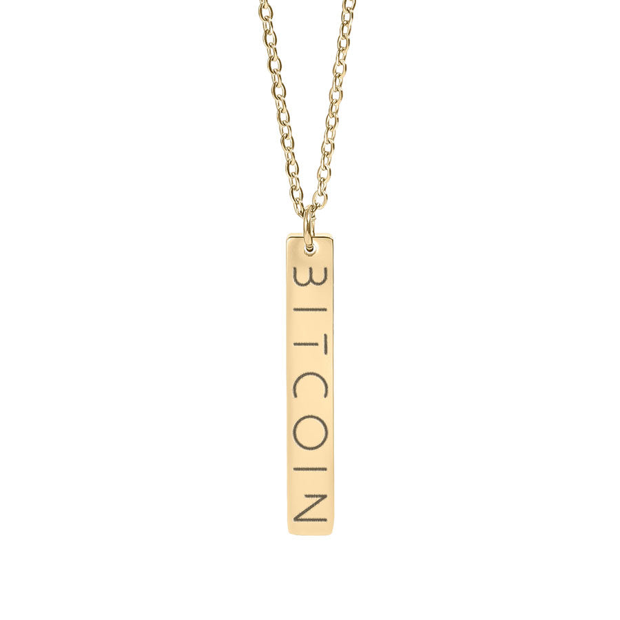 Gold necklace with 'BITCOIN' pendant on a white background