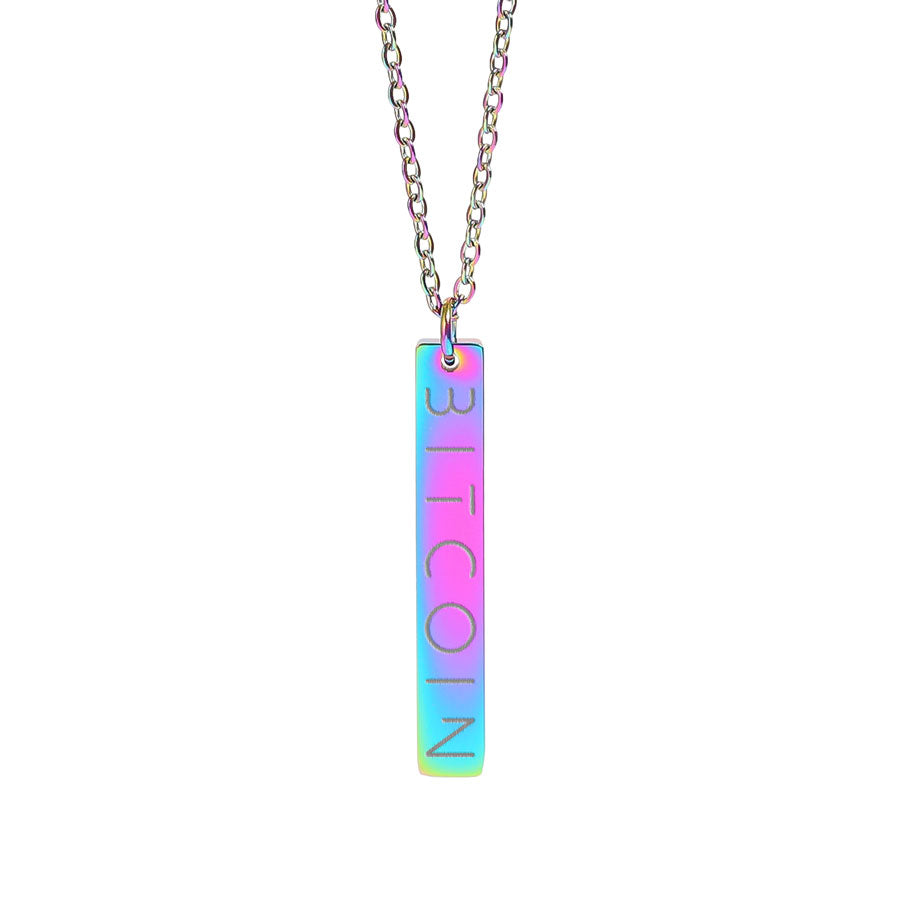 Necklace with a colorful 'BITCOIN' pendant on a white background
