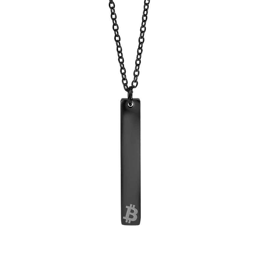 Black pendant necklace with Bitcoin symbol on a white background