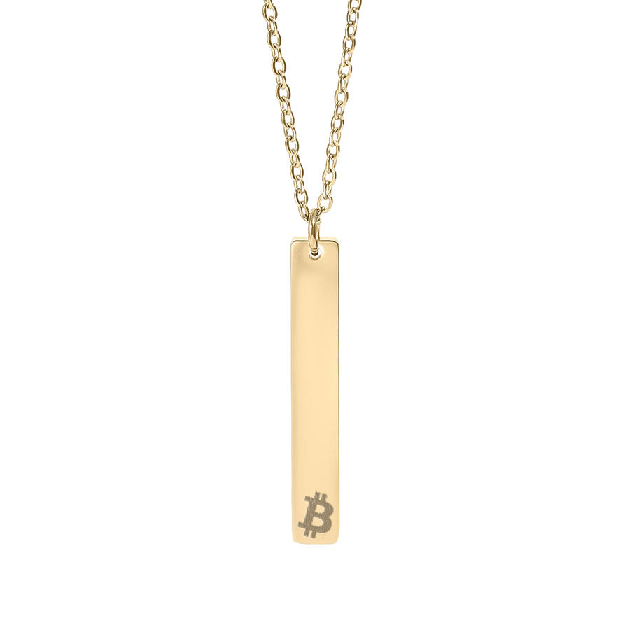 Gold necklace with a vertical pendant featuring the Bitcoin symbol on a white background