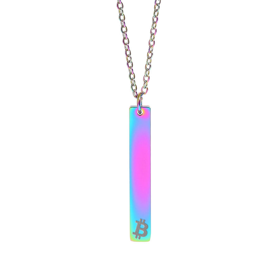 Necklace with a colorful bar pendant featuring the Bitcoin symbol on a white background