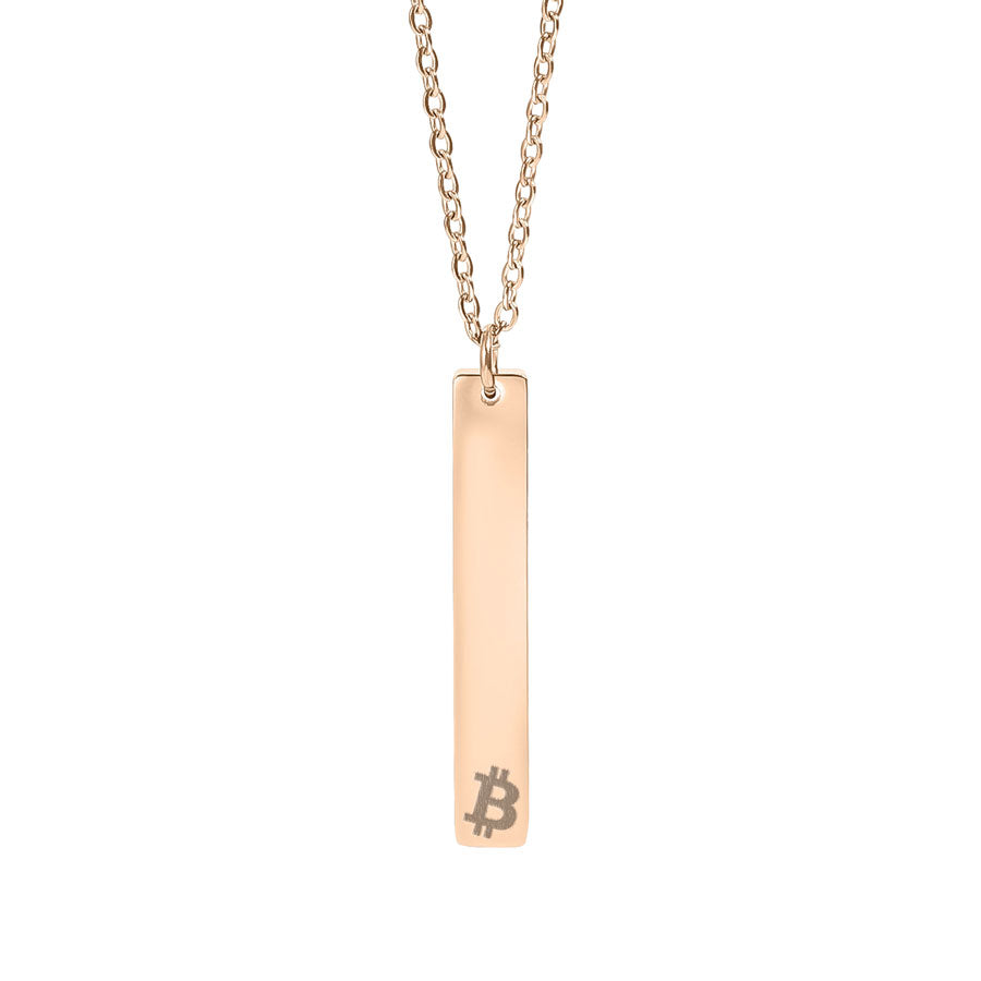Rose gold necklace with a vertical bar pendant featuring the Bitcoin logo on a white background