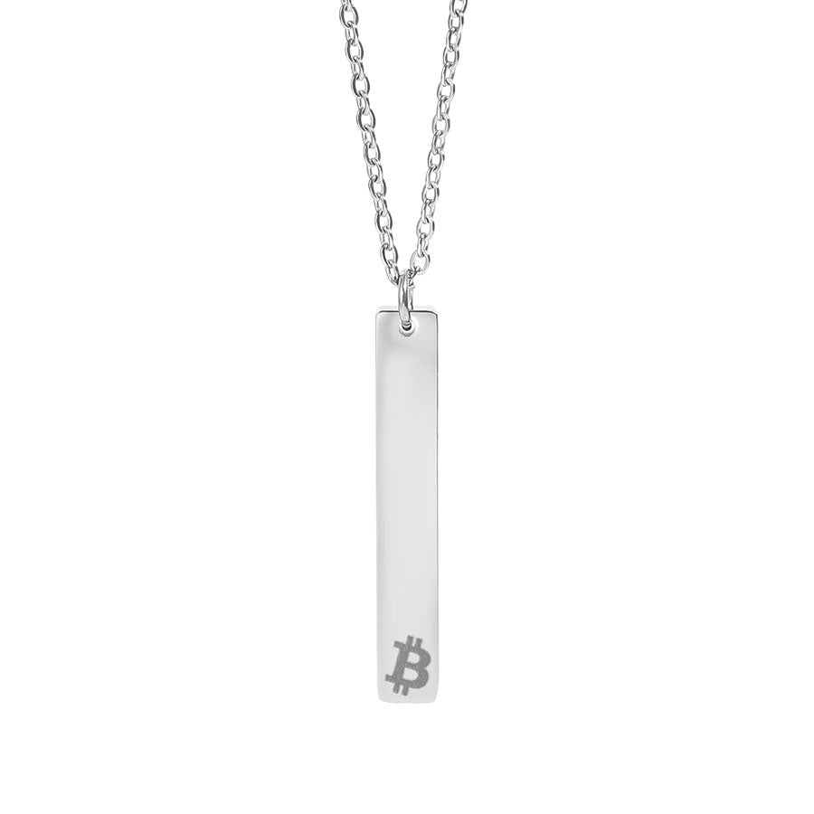 Silver necklace with a vertical bar pendant featuring the Bitcoin symbol on a white background