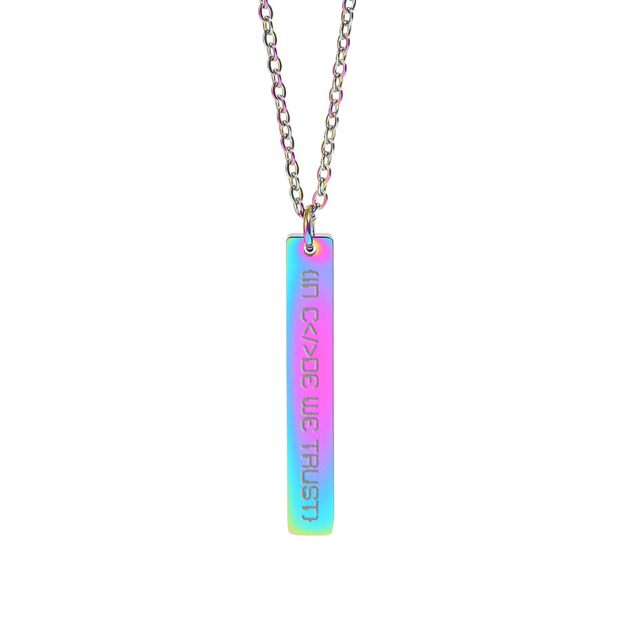 Necklace with a colorful bar pendant in code we trust on a white background
