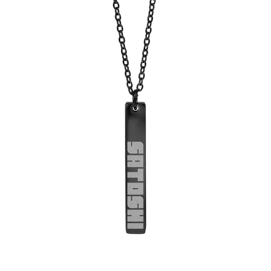 Black necklace with a bar pendant featuring the name 'Satoshi' on a white background