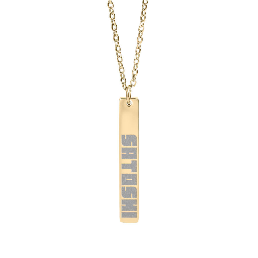 Gold necklace with a bar pendant saying satoshi on a white background