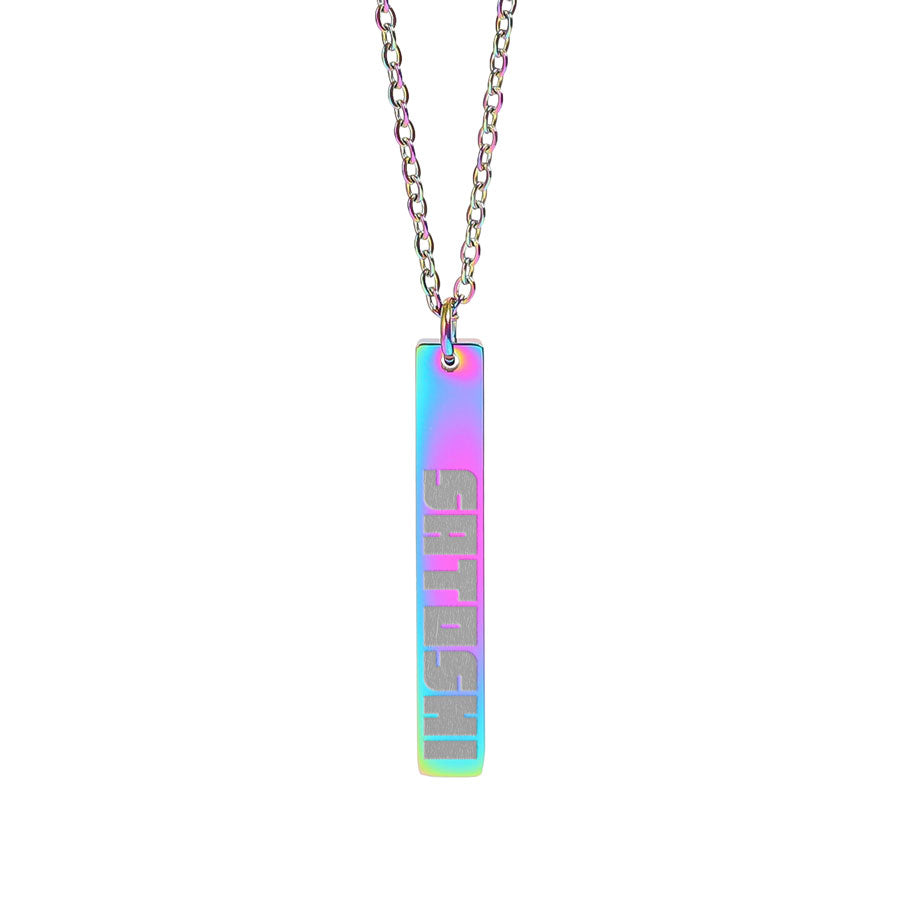 Necklace with a colorful bar pendant saying satoshi on a white background